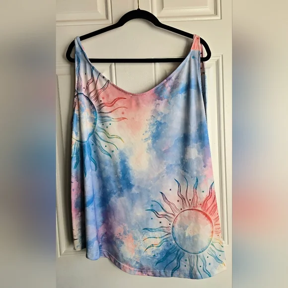 "Beyond This Plane" Colorful Celestial Sun Top, Plus Size 1XL, Asymmetrical Hem - Picture 3 of 7